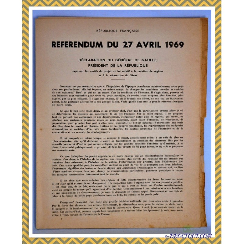 Référendum du 27 avril 1969 du Général de Gaulle - création des régions et rénovation du Sénat