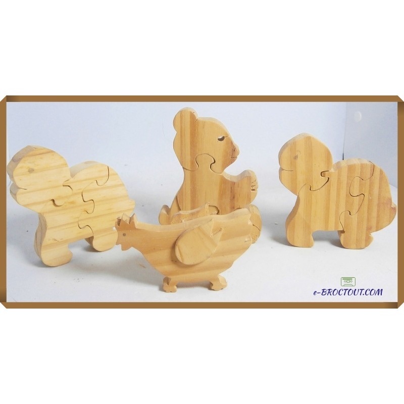 Lot de 3 puzzles bois animaux + 1 figurine bois poule