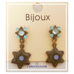 Boucles D'Oreilles Pendantes En Métal Émaillé - Pierres Bleues Et Pendentif Étoile