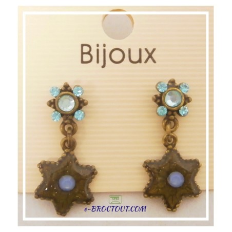 Boucles D'Oreilles Pendantes En Métal Émaillé - Pierres Bleues Et Pendentif Étoile