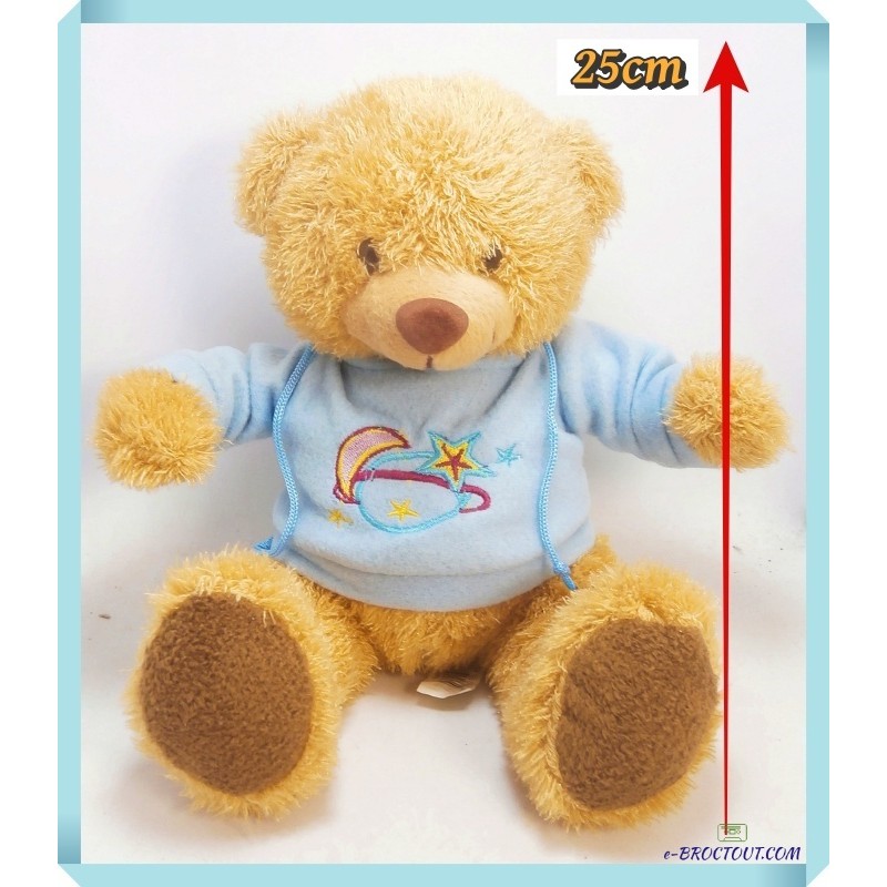 Peluche ours brun avec sweat capuche bleu - Imagin 25cm
